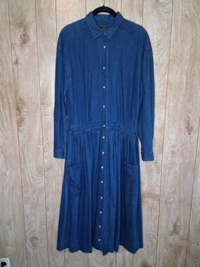 Vintage Eddie Bauer Denim Midi Dress Size M Prairie Cottagecore Pockets 90's
